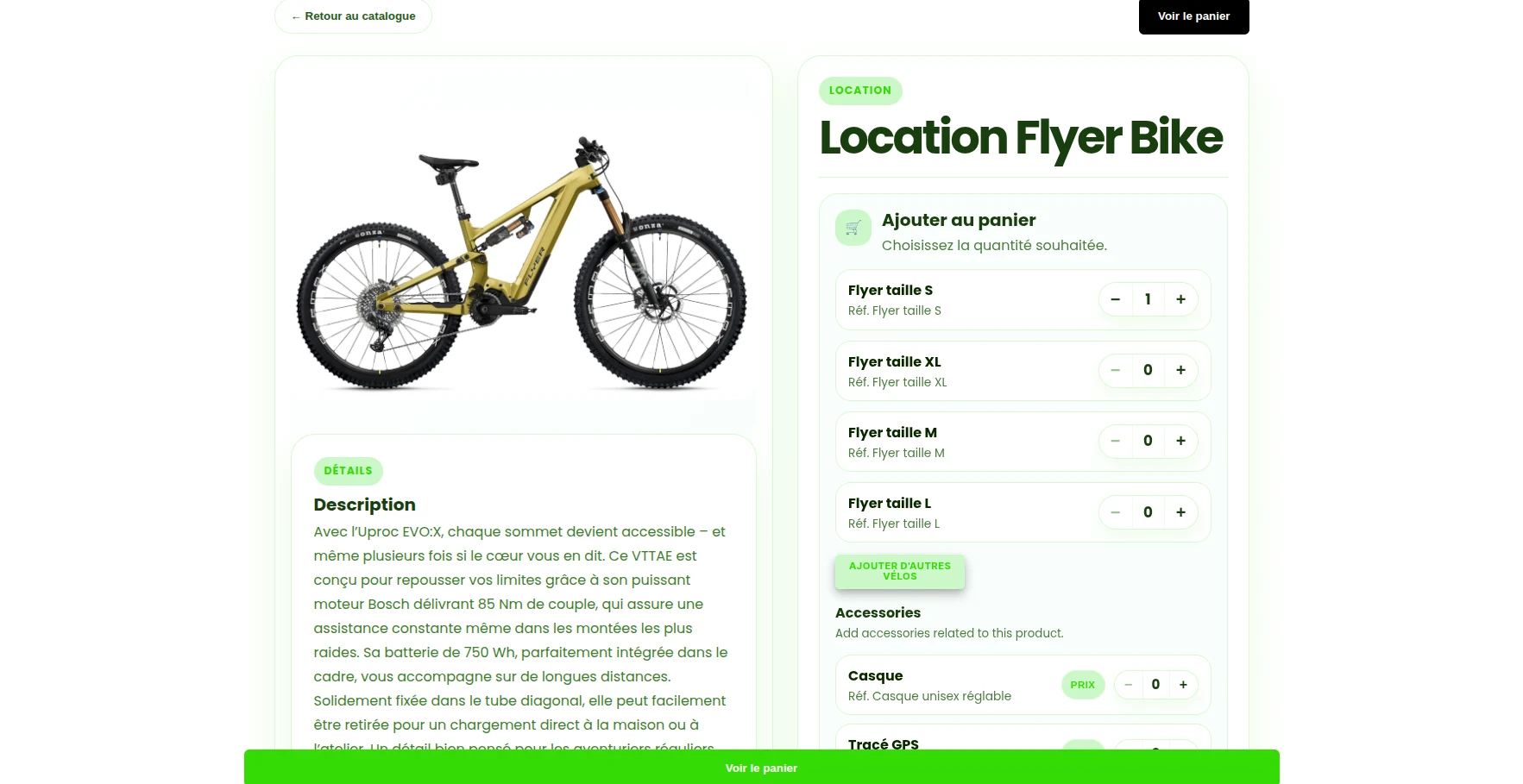 Sélection d’un vélo Jura Vaud Bike avec tailles, quantités et accessoires