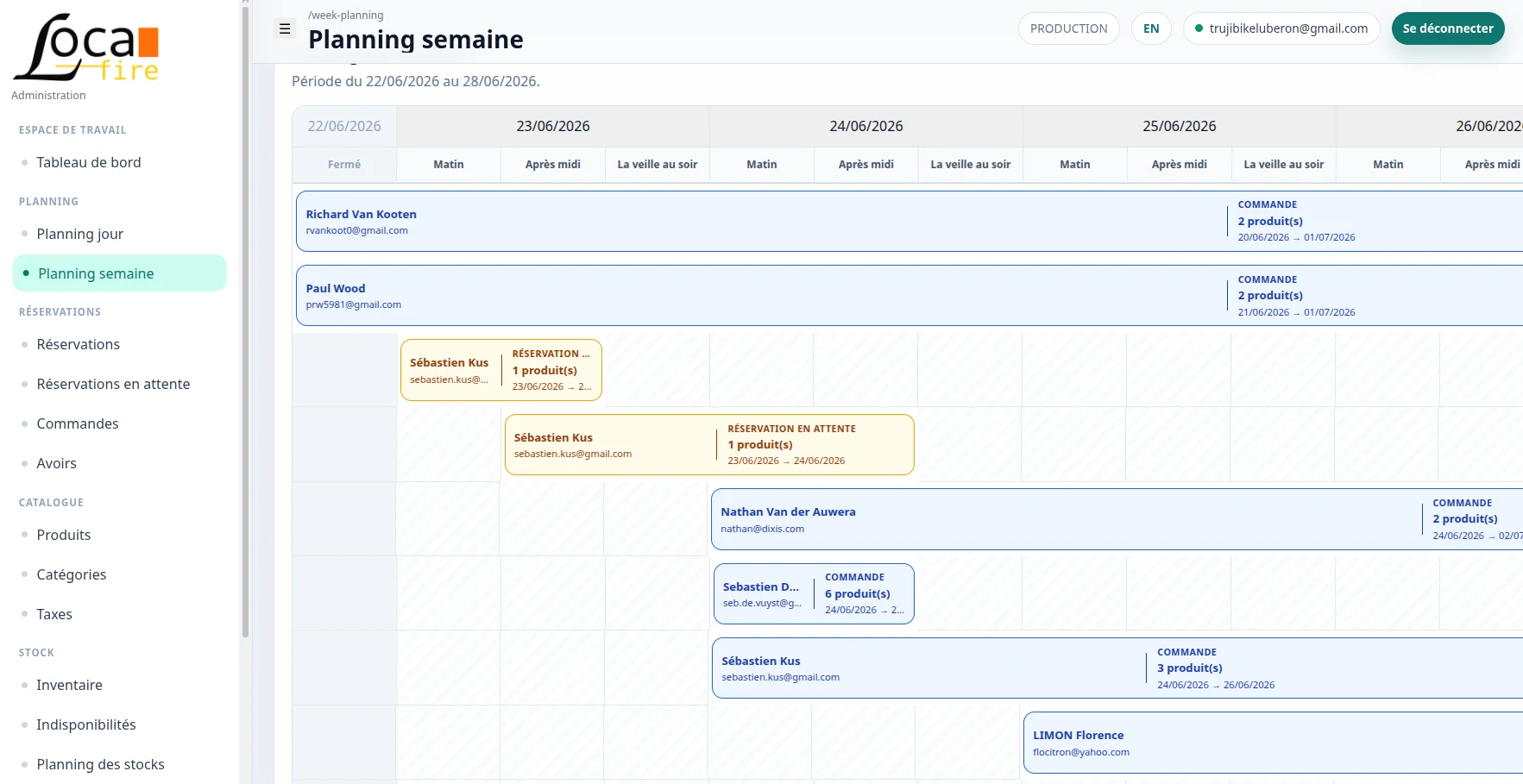 Backoffice Locafire avec planning semaine des réservations et commandes