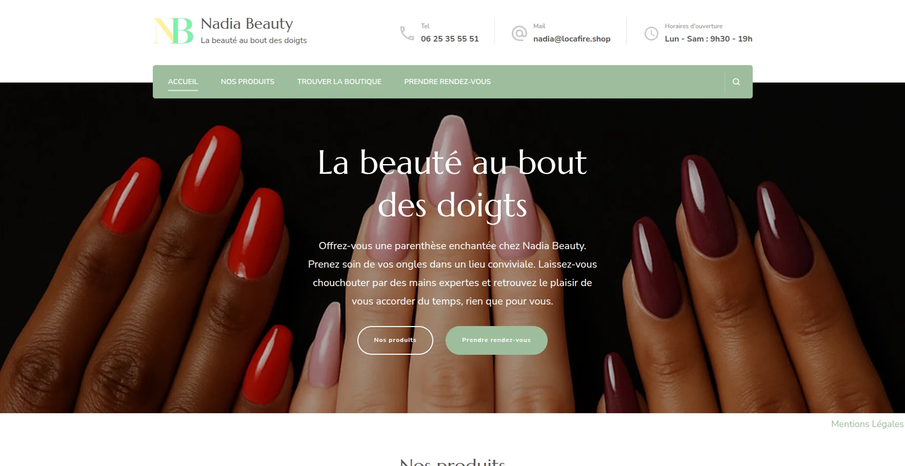Page d’accueil Nadia Beauty présentant le salon, ses produits et la prise de rendez-vous