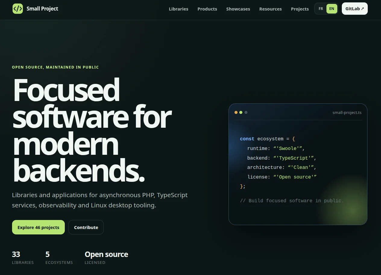 Page d’accueil du site Small Project présentant le catalogue de projets open source
